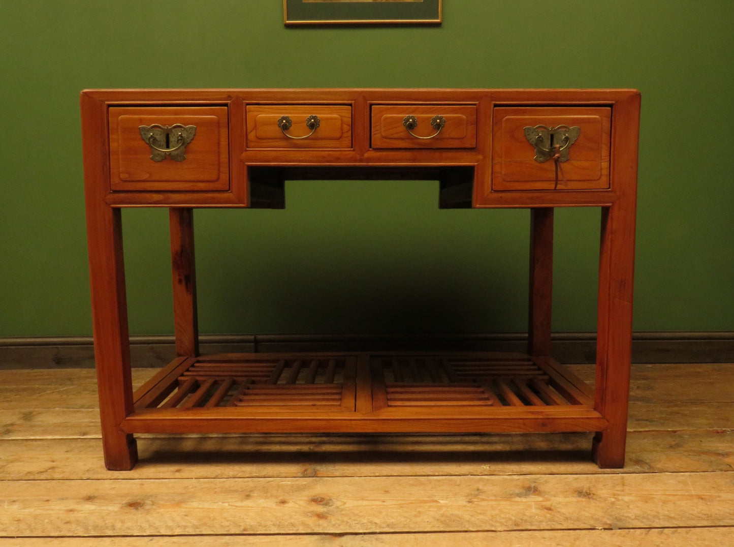 Vintage Chinese Elm Desk with Slatted Undertier